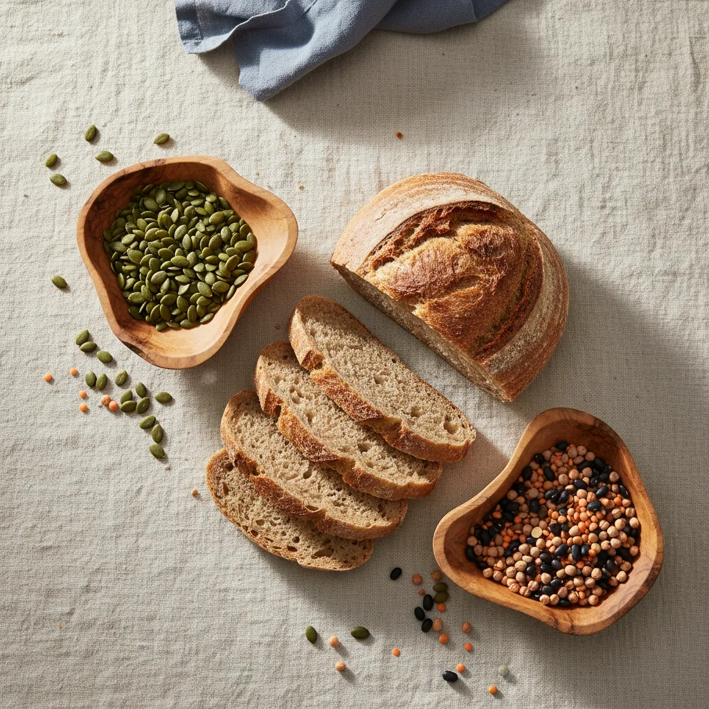 Pompoenpitten, volkoren brood en peulvruchten - zinkhoudende voedingsmiddelen - op een linnen ondergrond