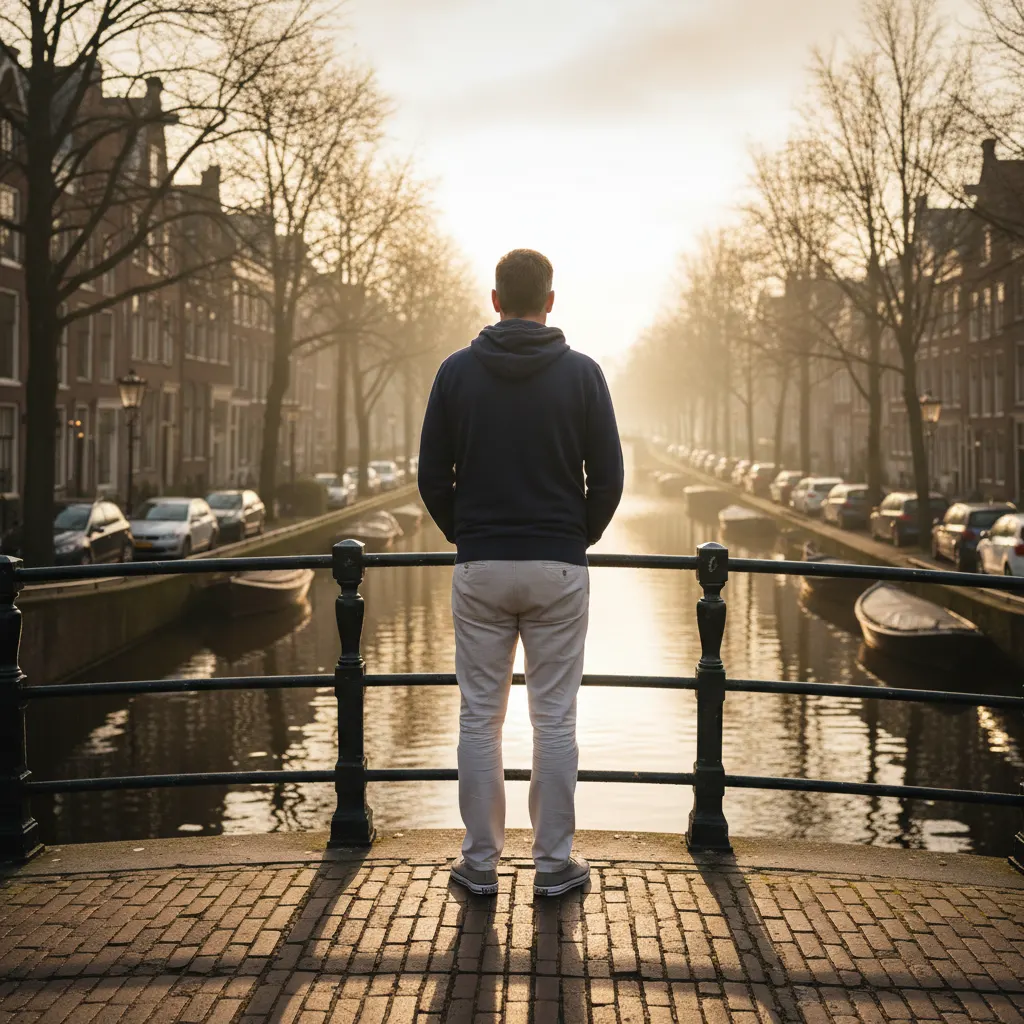 Man van achteren uitkijkend over een Nederlandse gracht op een rustige ochtend