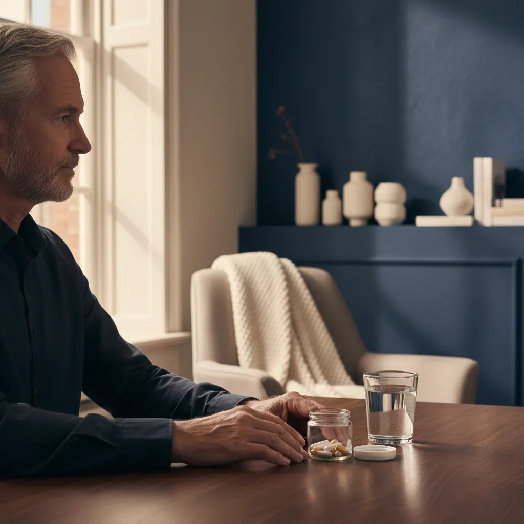 Anonieme oudere man van opzij, handen op een houten tafel met een glas water en capsules - rustige ochtendsfeer