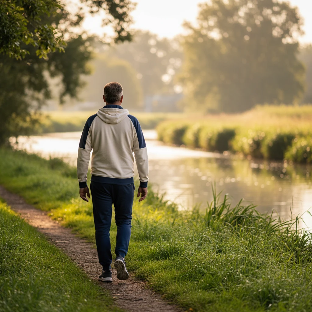 Anonieme man van achteren wandelend langs een Nederlandse kade in ochtendlicht - actieve levensstijl mannen boven 50