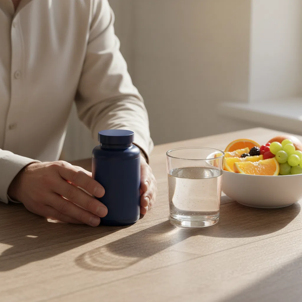 Handen van een man die een voedingssupplement-fles neerzet naast een glas water en fruit op een ontbijttafel